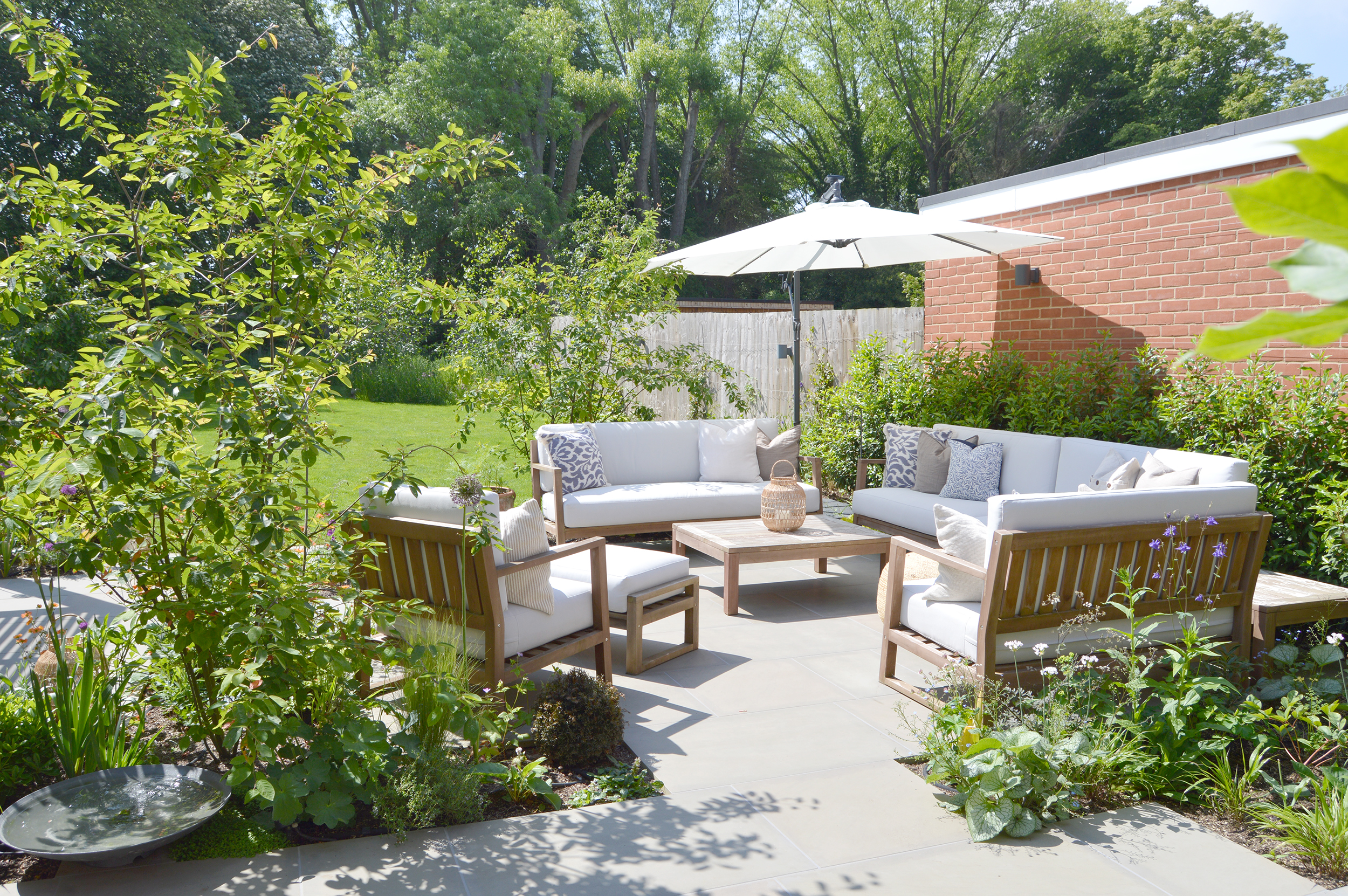 large family seating area in suburban garden